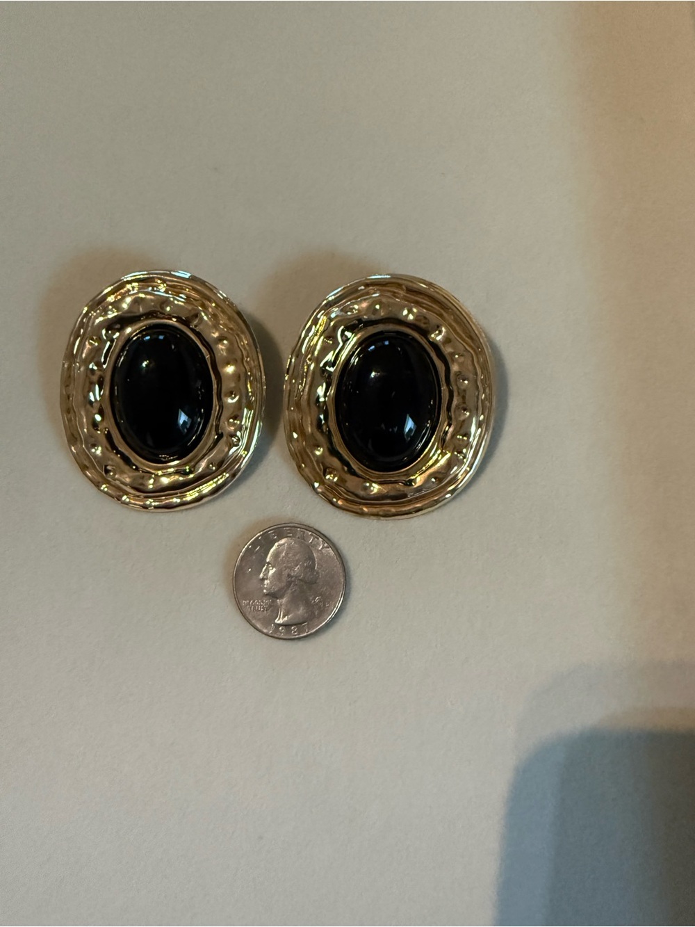 Gold-Tone Earrings with Black Oval Stone - Classic Women’s Jewelry